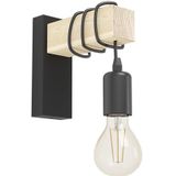 EGLO wandlamp Townshend, vintage muurlamp met houten balk, retro wand lamp van hout en metaal in zwart, E27, FSC gecertificeerd