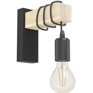 EGLO wandlamp Townshend, vintage muurlamp met houten balk, retro wand lamp van hout en metaal in zwart, E27, FSC gecertificeerd