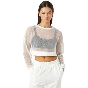 Koton Dames lange mouwen ronde hals mesh crop sport T-shirt, Weiß (000), L