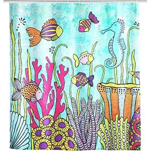 WENKO Douchegordijn Rollin'Art Ocean Life, waterafstotend textieldouchegordijn van 100% polyester met zeelevenprint & verzwaringsband, wasbaar op 30 °C, incl. 12 douchegordijnringen, 180 × 200 cm