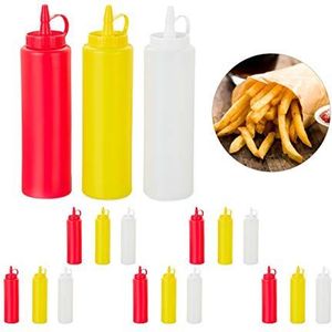 Relaxdays knijpfles, set van 9, voor saus, om te knijpen, hervulbaar, thuis & horeca, 400 ml, rood/geel/wit