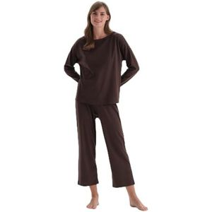 Dagi Dames bootkraag basic regular fit T-shirt & broek pyjamaset, donkerbruin, L