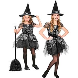 Widmann - Kinderkostuum heks, 2-delig, jurk en hoed, zwart-zilver, spinnennet, sprookjes, kostuum, verkleding, themafeest, carnaval, Halloween