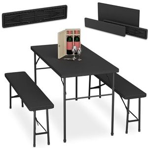 Relaxdays biertafel set, inklapbaar, 3-delig, twee bierbanken met klaptafel, rotanlook, campingtafel, tuintafel, zwart