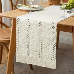 GlasFlength Tafelloper, boho, outdoor macramé, modern, katoenen vlas, beige, vintage tafelkleed met kwastjes, afwasbaar, loper, tafel voor bruiloft, keuken, eettafel, decoratie, 30 x 180 cm