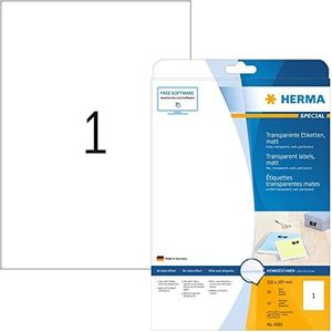 HERMA 4585 weerbestendige folie-etiketten A4 transparant (210 x 297 mm, 10 vellen, polyesterfolie, mat) zelfklevend, bedrukbaar, permanent klevende labels, 10 etiketten voor printer,Mat