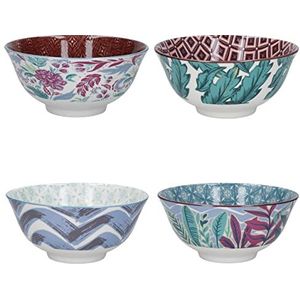 KitchenCraft Geglazuurd steengoed kom set van 4, exotisch, 15,5 x 7,5 cm, geschenkdoos, blauw, groen, roze