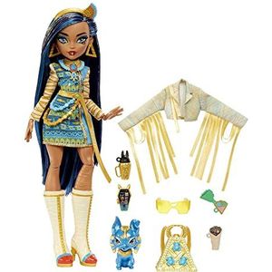 Monster High Pop, Cleo De Nile met accessoires en dierenvriendje hond, beweegbare modepop met blauw gestreept haar, HHK54