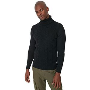 Trendyol Heren coltrui kabel gebreide slanke trui sweatshirt, Zwart, XL