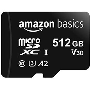 Amazon Basics Micro-SDXC-geheugenkaart, 512 gb, met SD-adapter, 512gb, A2, U3, leessnelheid tot 100 MB/s, zwart