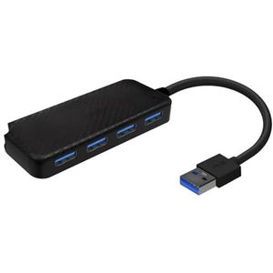 USB 3.0-hub met 4 poorten, aansluiting type A, zwart, 15 cm lengte, overdrachtssnelheid, compact en functioneel design.