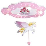 Elobra Eenhoorn lamp ""Wolk Kasteel met eenhoorn"" | Schattige plafondlamp voor de kinderkamer in wolkendesign met eenhoorndecoratie en led-nachtlampje, roze, hout, 75 x 50 x 8 cm