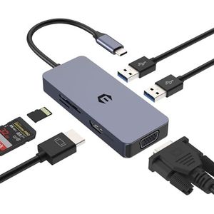 USB C Adapter HUB, USB HUB, 6-in-1 USB C Hub met HDMI, VGA, USB A, USB 2.0, SD/TF kaartlezer, compatibel met Mac, Windows
