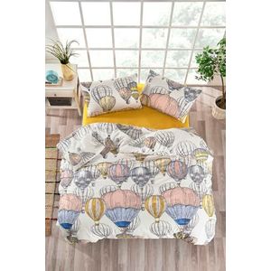 Nuit Des Rêves Ranforce Double Quilt Cover Set (200 x 200 cm), 100% katoen, mosterd/wit/grijs/roze, machinewasbaar, button- en envelopsluiting, stijlvol en gezellig beddengoed