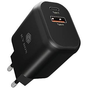 ICY BOX USB-C Charger 20W Dual Port Power Supply PD 3.0 & QC 3.0, Black