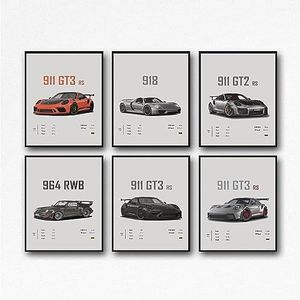 Dujoi Auto Poster 911 GT3RS posters raceauto muurkunst vintage auto posters voor mannen auto kunst prints 911 gecoat papier karton prints (Unframe, set van 17,3 x 30,5 cm)