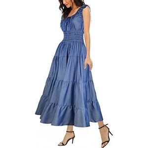Mouwloze zomerjurk voor dames, flowy print, boho, maxi-jurk, lange jurk voor bruiloftsgasten, Diepblauwe denim, L
