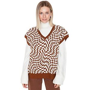 TRENDYOL Dames V-hals geruit Regular Trui Vest Sweater, Brown, XL, bruin, XL