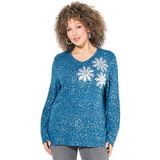 Ulla Popken - Sweatshirt - Petrol - V-hals - Lange Mouwen - Sneeuwvlokken