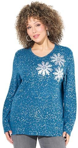 Ulla Popken - Sweatshirt - Petrol - V-hals - Lange Mouwen - Sneeuwvlokken