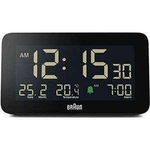 Braun Digitale wekker met datum, maand en temperatuur weergegeven, negatief LCD-display, snelle set, Crescendo Beep Alarm in zwart, model BC10B (1 stuks)
