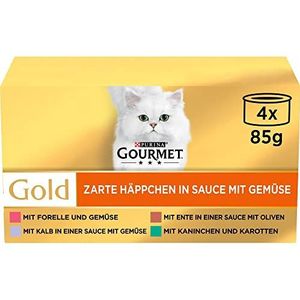 Gourmet Gold Fijne Hapjes in Saus Kattenvoer, Natvoer met Eend met Olijven, Forel met Groenten, Konijn en Wortelen, Kalf met Groenten - 4x85g - doos van 12 (48 blikjes; 4,08kg)