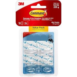 Command Mini-haak, voordeelverpakking van 18 mini-haken en 24 kleine plakstrips, transparant, schadevrij ophangen, houdt tot 225 g (verpakking kan variëren)