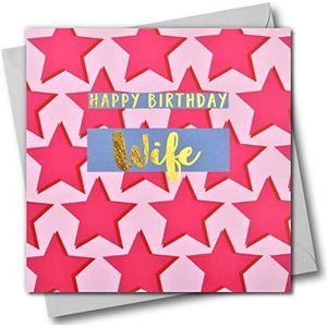 Gelukkige verjaardag vrouw, roze sterren, wenskaart met tekst verijdeld in glanzend goud