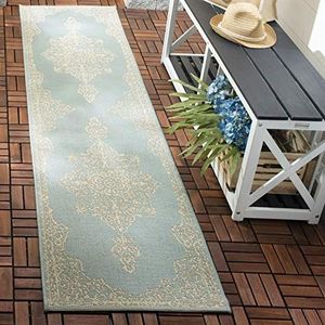 Safavieh Medallion BHS180, tapijt voor binnen en buiten, geweven, strandhuiscollectie, crème/aqua, 61 x 244 cm, voor tuin, terras of elke buitenruimte