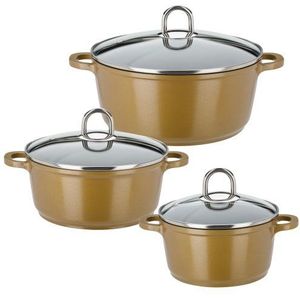 GSW Premium Gourmet Gold Colour Kookgerei Set 3-delig, 4.7L Aluminium, Non-stick, Ovenbestendig tot 240°C, Inclusief 3 Steelpans met Glazen Deksel (16 cm, 20 cm, 24 cm), Met Deksel