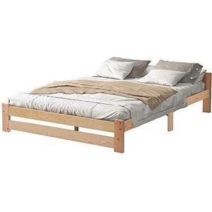 uhomepro Massief houten bed, tweepersoonsbed, futonbed met hoofdeinde en lattenbodem, 140 x 200 cm natuur