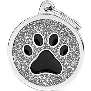 MyFamily Hond Medaille Gemaakt In Italië, Grote Glittercirkel, Zwart Grijs, Hondenplaat, Metaal, Shine Collectie, 32x37 mm