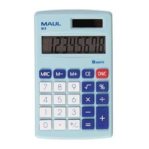 MAUL Calculator M8, groot display, 8 cijfers, standaardfuncties voor kantoor, thuis, school, functietoetsen gekleurd, zonne/batterij, blauw