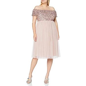 Maya Deluxe Bardot-jurk voor dames, midi-verfraaid, hoge Empire-taille, mouwloos, tule voor bruiloft, gast, eindexamenfeest, bruidsmeisje, Frosted Roze, 46 grote maten