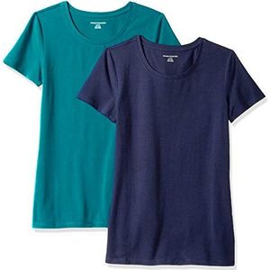Amazon Essentials Women's T-shirt met korte mouwen en ronde hals in klassieke pasvorm, Pack of 2, Donkergroen/Marineblauw, XS
