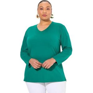 Ulla Popken Dames grote maten plus size shirt, V-hals, relaxed, lange mouwen, smaragd groen., 54/56 NL