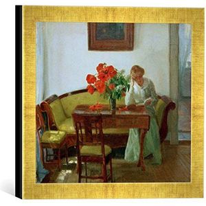 Ingelijste afbeelding van Anna Kristine Ancher interieur met klaprozen en lezende vrouw (Lizzy Holhlenberg), kunstdruk in hoogwaardige handgemaakte fotolijst, 30 x 30 cm, Gold Raya