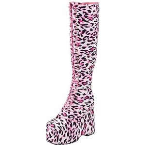 LAMODA - Vrouwen Big Cat Knee High Chunky Platform Laarzen in UK9, Roze Satijn Croc, 42 EU
