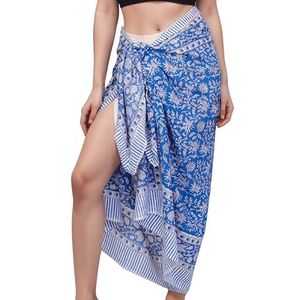 Derde Oog 100% Katoen Badpak Strand Sarong Cover Ups Voor Vrouwen Badmode Pareo Indiase Hand Blok Print Strand Wrap Rok, Blauw 1, Eén Maat