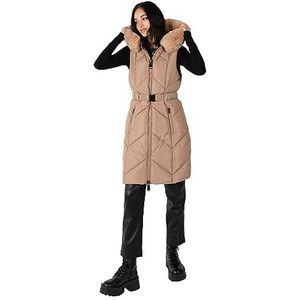 Lovedrobe Dames dames gilet imitatiebont capuchon winterjas mouwloze gewatteerde jas gewatteerde riem lange body warmer bovenkleding, nerts, 14, Nerts, 40