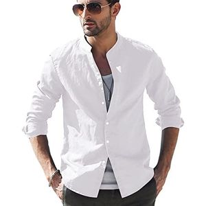 LVCBL Henley Overhemd voor heren, met lange mouwen, vrijetijdshemd, linnen overhemd, regular fit, 02, wit, 3XL