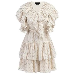 aleva Damesjurk met ruches, Wolwit met gouden stippen, S
