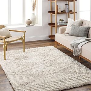 Surya Tuzla Shaggy Berber tapijt, pluizig tapijt voor woonkamer, eetkamer, slaapkamer, abstract, hoogpolig, wit, pluizig en onderhoudsvriendelijk, groot, 160 x 220 cm, grijs