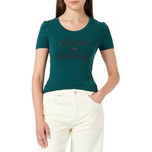 Love Moschino Dames Tight-Fitting Short Sleeves with Cursive Brand Print T-shirt, groen, 40