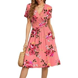 WEACZZY Zomerjurk voor dames, korte mouwen, casual, V-hals, bloemenmotief, feestjurk met zakken, Bloemen Roze, M