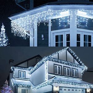Kerstverlichting buiten ijsregen, LIGHTNUM 17M 480 LED kerstverlichting elektriciteit met stekker, 8 standen, ijspegel lichtgordijn voor dakranden, trappen, balustrades, ramen 20038
