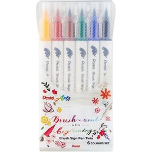 Pentel SESW30C-6 Brush Sign Pen Twin, 6-kleurenset, viltstiften met twee flexibele schrijfpunten, inkt op waterbasis, gesorteerd