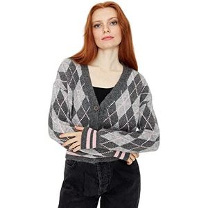 Trendyol Dames V-hals diamant patroon Regular Cardigan Sweater, antraciet, M, Antraciet, M