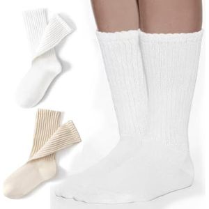 Vrouwen Crew Sokken Retro Slouch Sokken Voor Vrouwen Effen Casual Geribbelde Crew Sokken Pack van 5, Wit/Beige, One Size