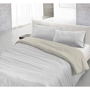 Italian Bed Linen Natuurlijke kleur Dekbedovertrek Set met Doubleface Effen Kleur Tas Sheet en Kussensloop, 100% Katoen, Lichtgrijs/Crème, dubbele